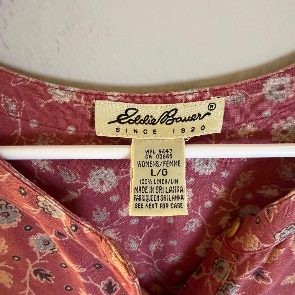Vintage Eddie Bauer Womens Pink Floral 100% Linen Sleeveless Midi Dress Large - Picture 2 of 7